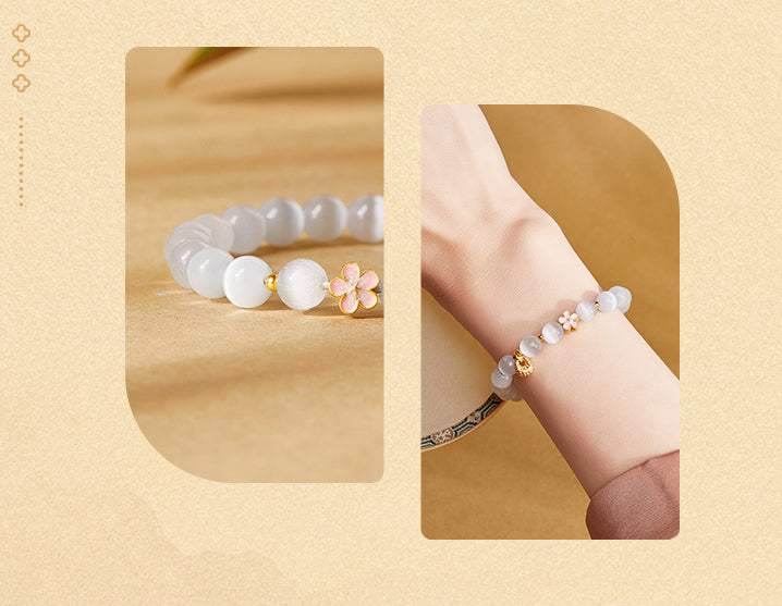 Euron: Sterlingsilber Fu-Tasche Armband – Emailliert & Pfirsichblüte Opal