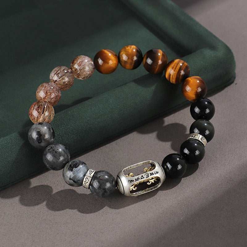 Euron: 925 Silber Hoops Mantra Armband – Gelbes Tigerauge & Schwarzer Mythos Wukong, Damen & Herren