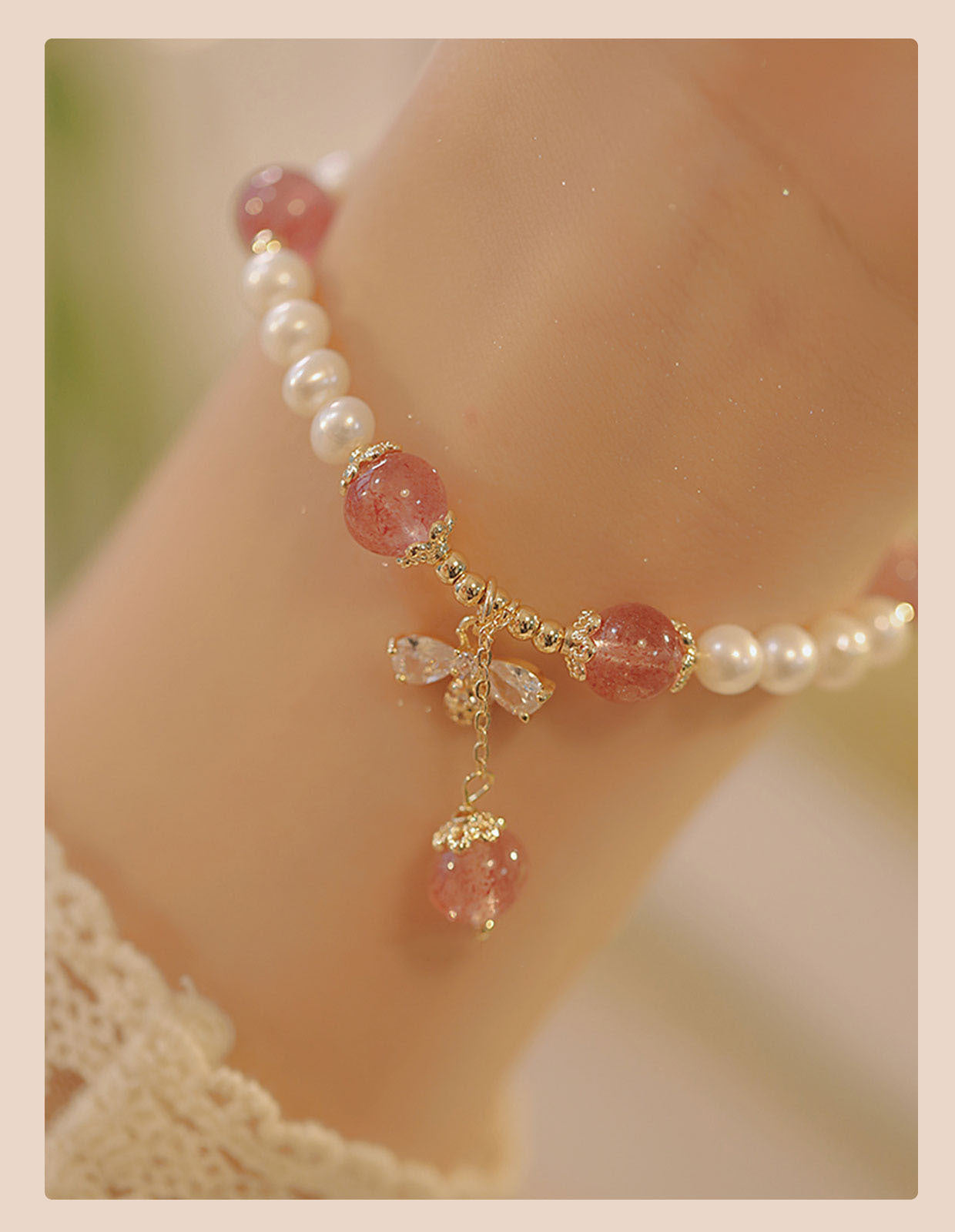 Euron: Erdbeerquarz Perlenarmband – Sommer Kollektion (Spezialdesign)